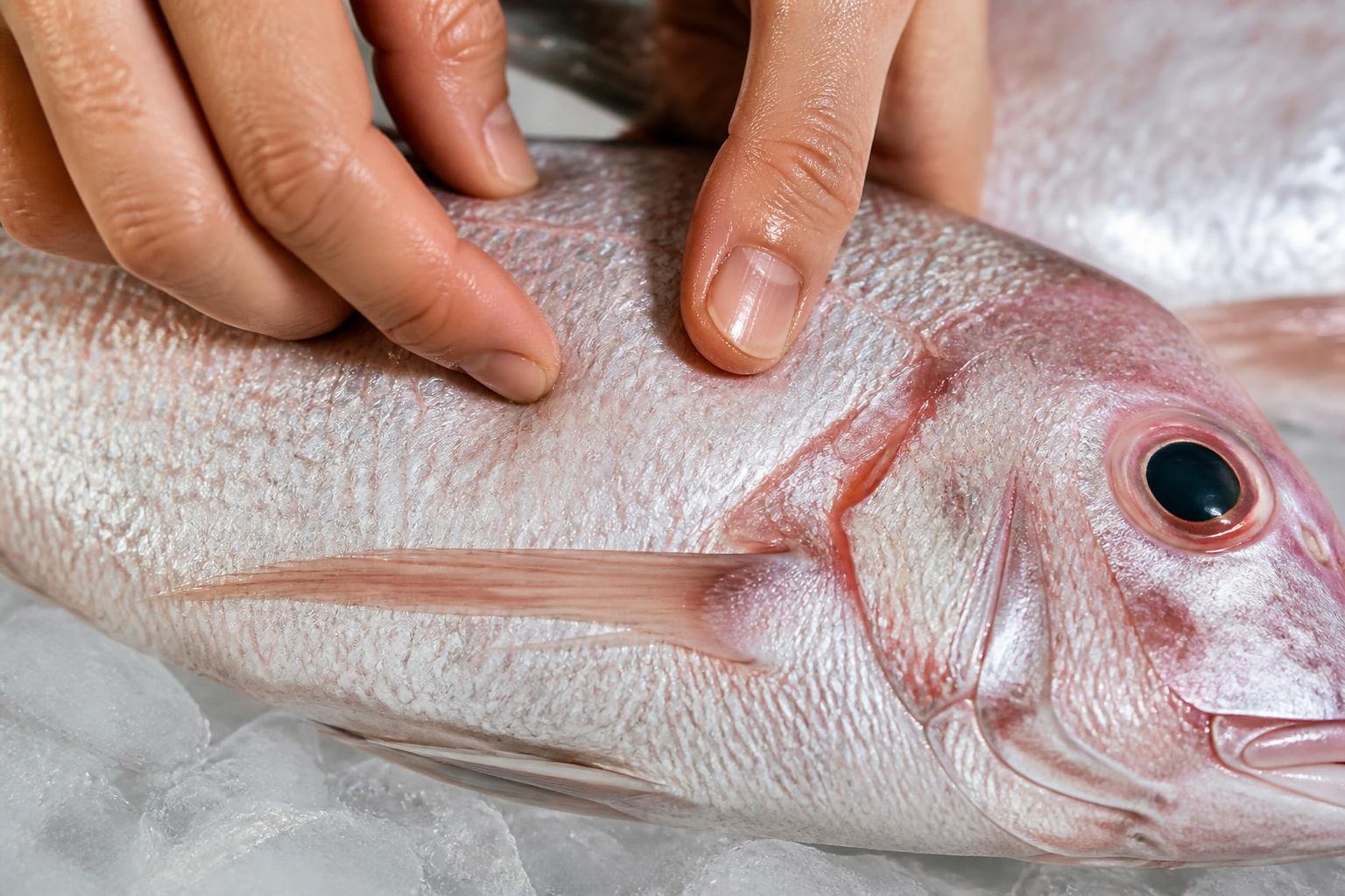 Main pressant délicatement la chair d'un poisson frais pour tester son élasticité
