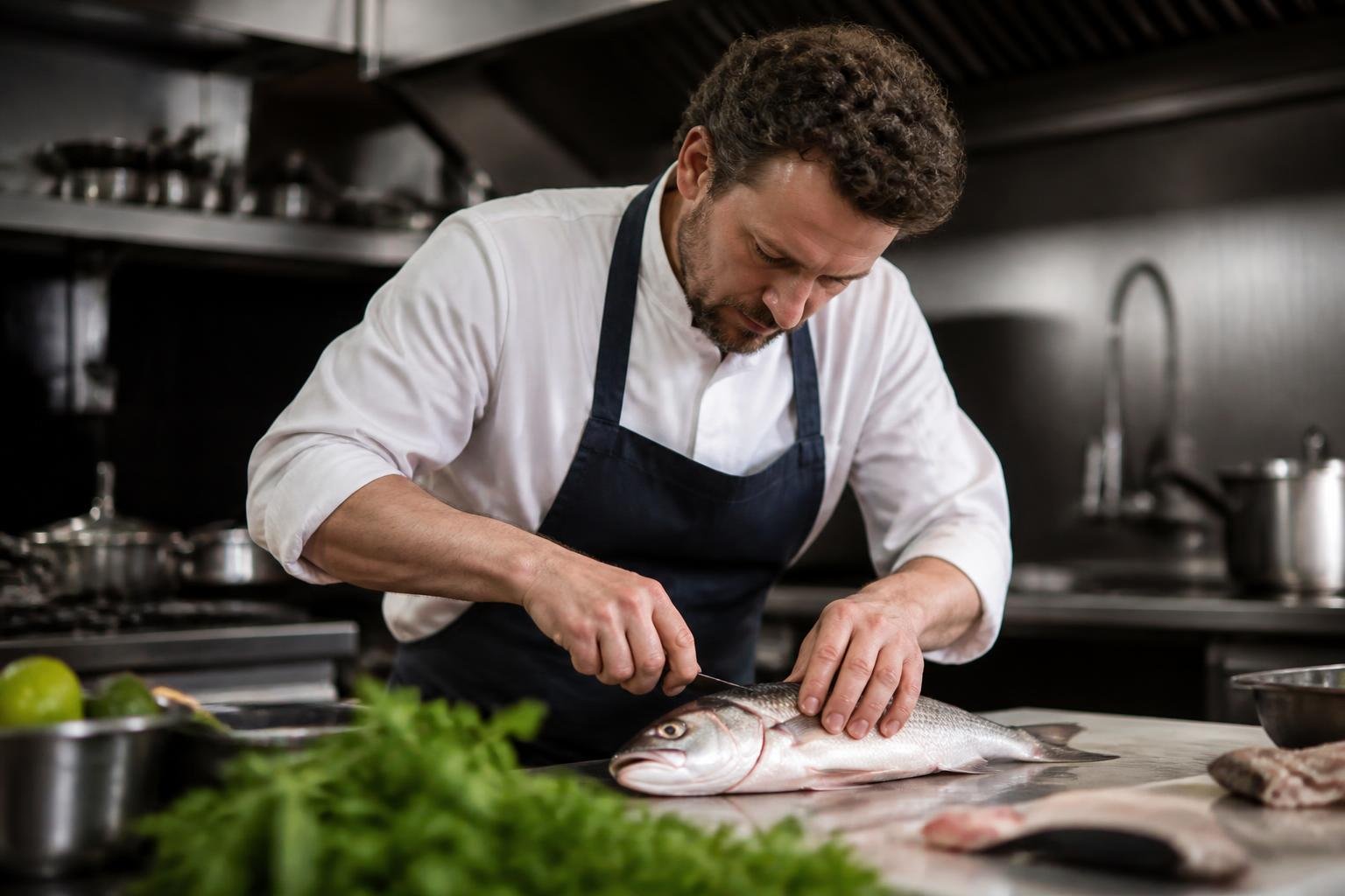 Chef en cuisine préparant un poisson frais