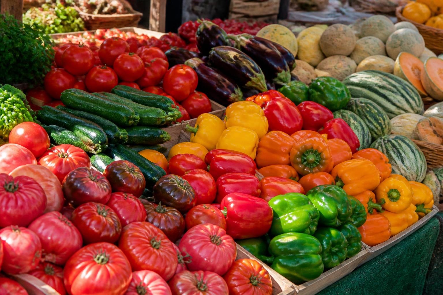 Abondance estivale : tomates, courgettes, poivrons et melons exposés généreusement sur un étal