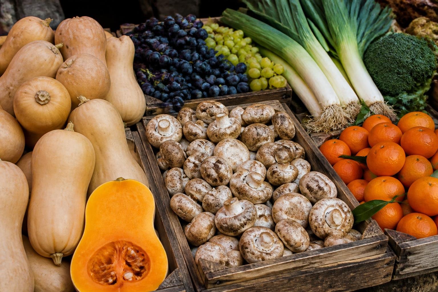 Récolte d'automne-hiver : courges, champignons, raisins et agrumes sur un étal du marché
