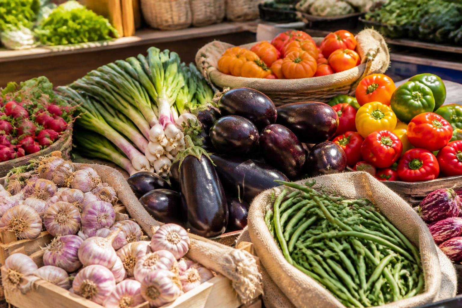 Étal de marché provençal avec légumes colorés et frais exposés