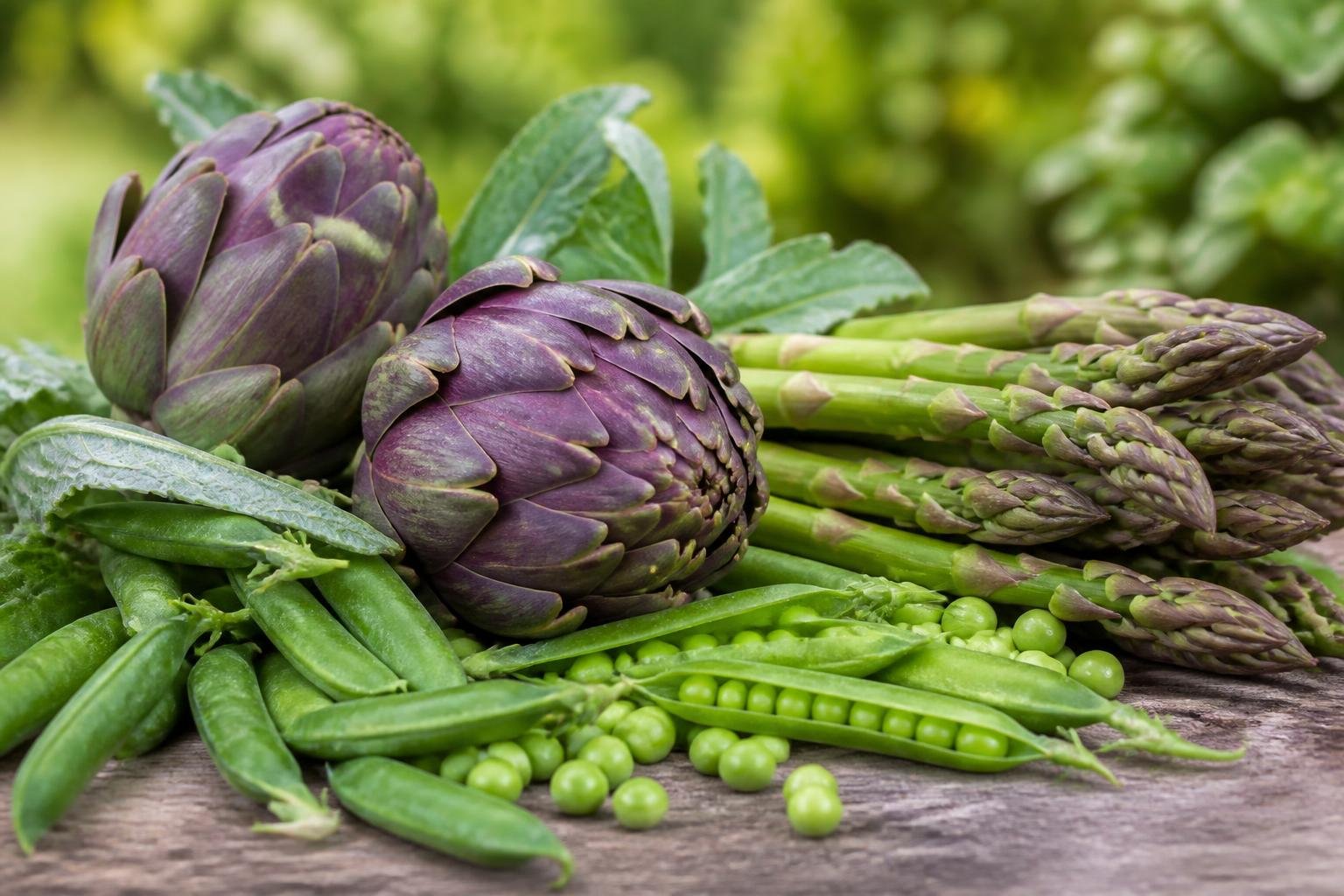 Artichauts violets, asperges et petits pois frais du printemps