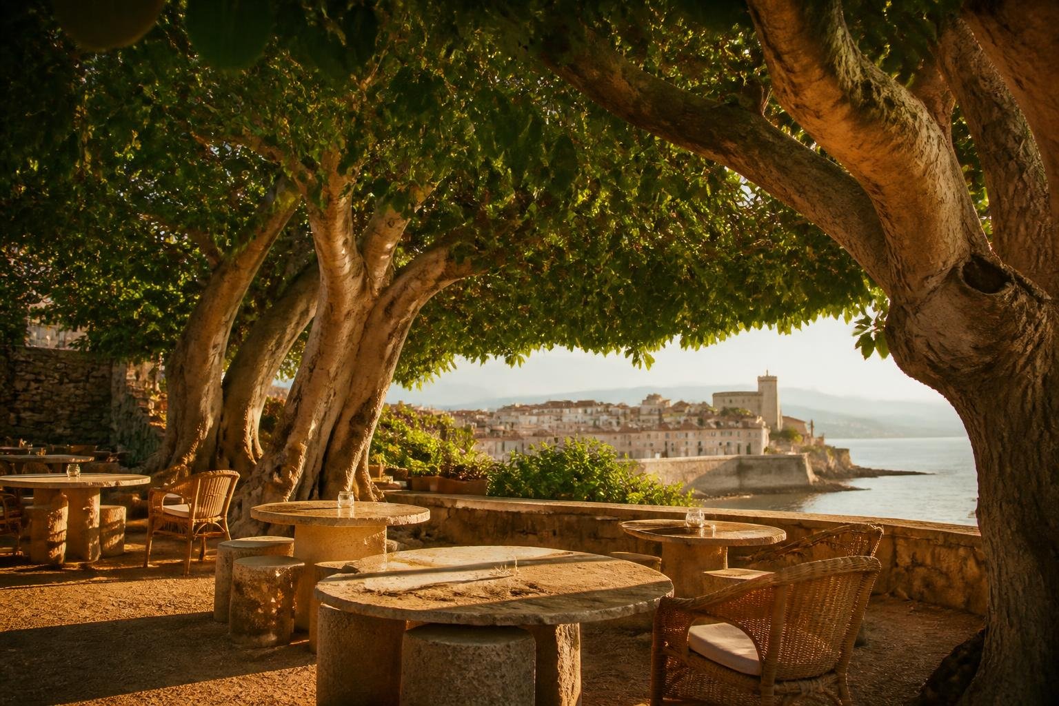 Patio ombragé sous les figuiers centenaires avec tables conviviales et vue sur le vieil Antibes