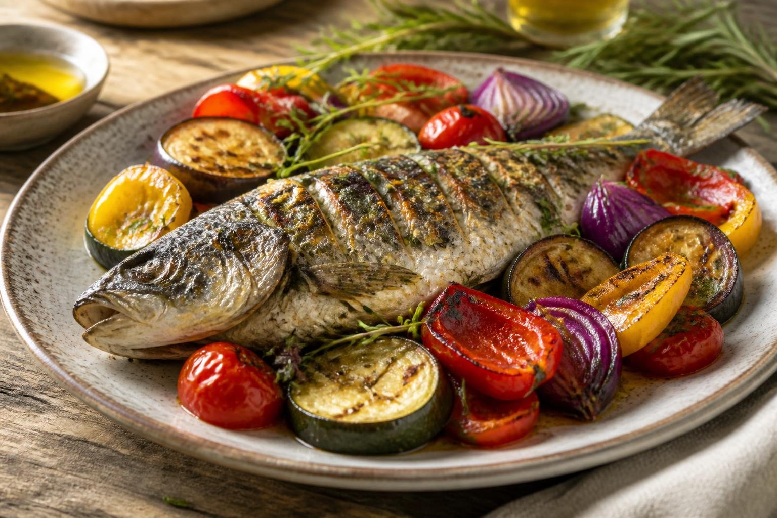 Poisson frais et légumes provençaux dans une assiette méditerranéenne généreuse