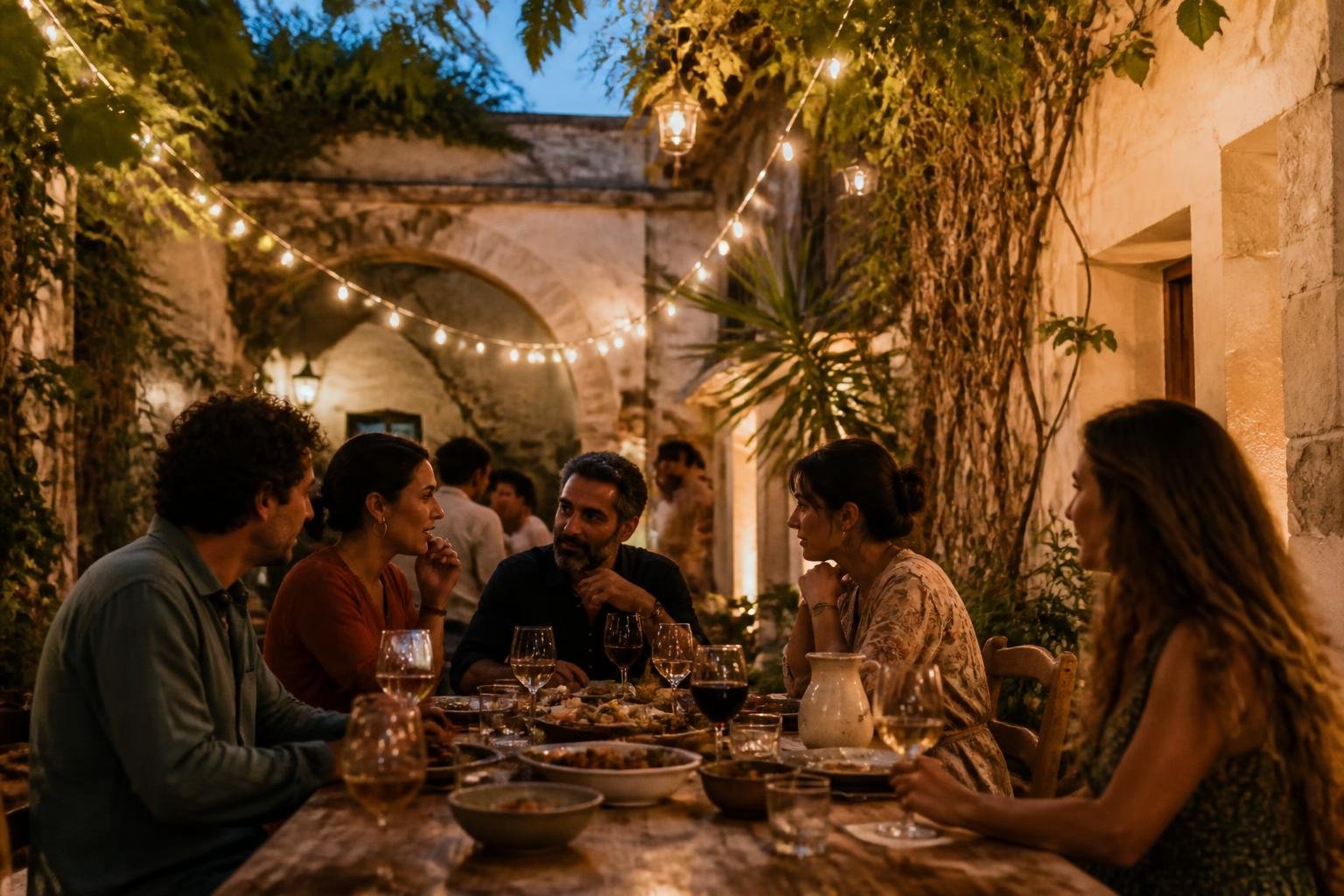Repas convivial en patio méditerranéen au crépuscule, ambiance de flânerie et détente