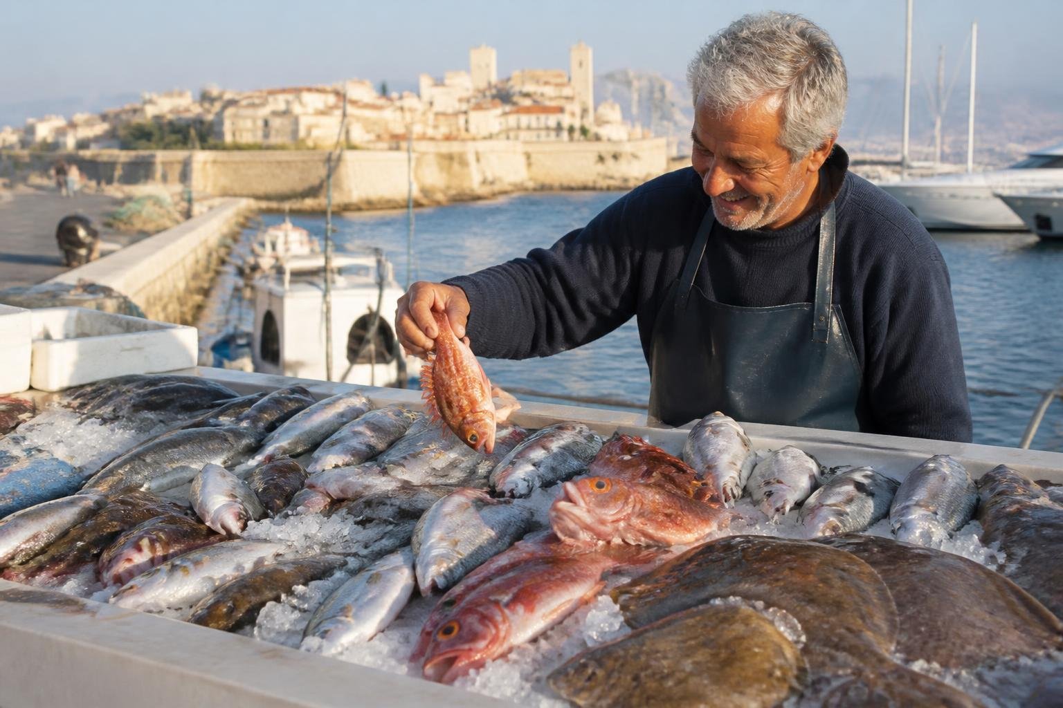 Étal de poissons frais à la criée d'Antibes, le matin