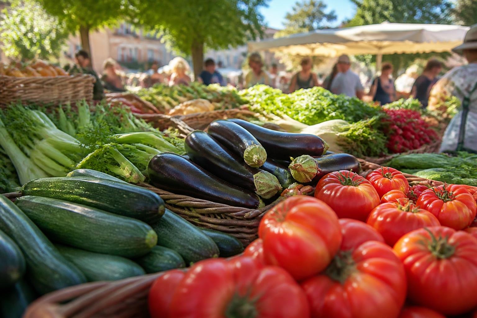 Marché provençal avec légumes de saison : tomates, courgettes, aubergines