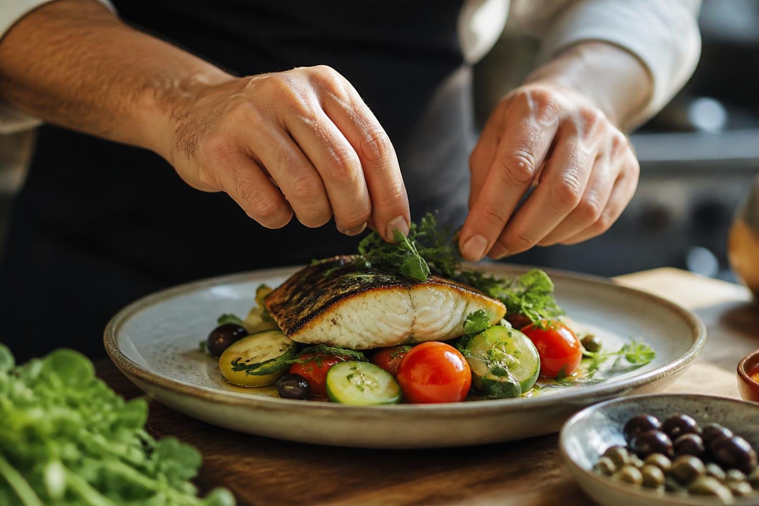 Mains du cuisinier dressant un plat simple et généreux avec les meilleurs produits