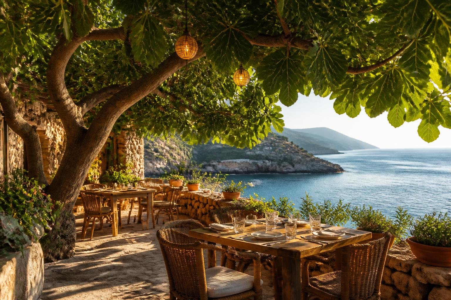 Terrasse méditerranéenne ombragée sous les figuiers avec vue sur la mer