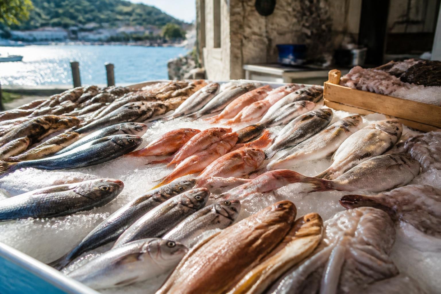 Poissons frais étalés sur la glace chez un poissonnier côtier