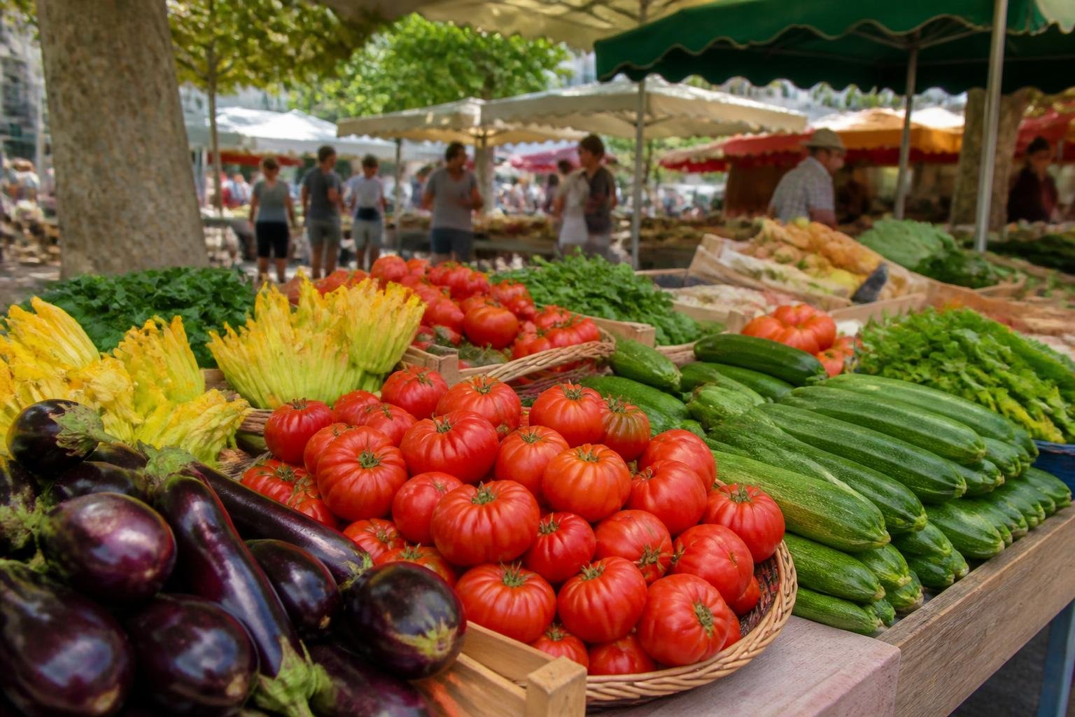 Étals de légumes de saison au marché provençal : tomates, aubergines, courgettes