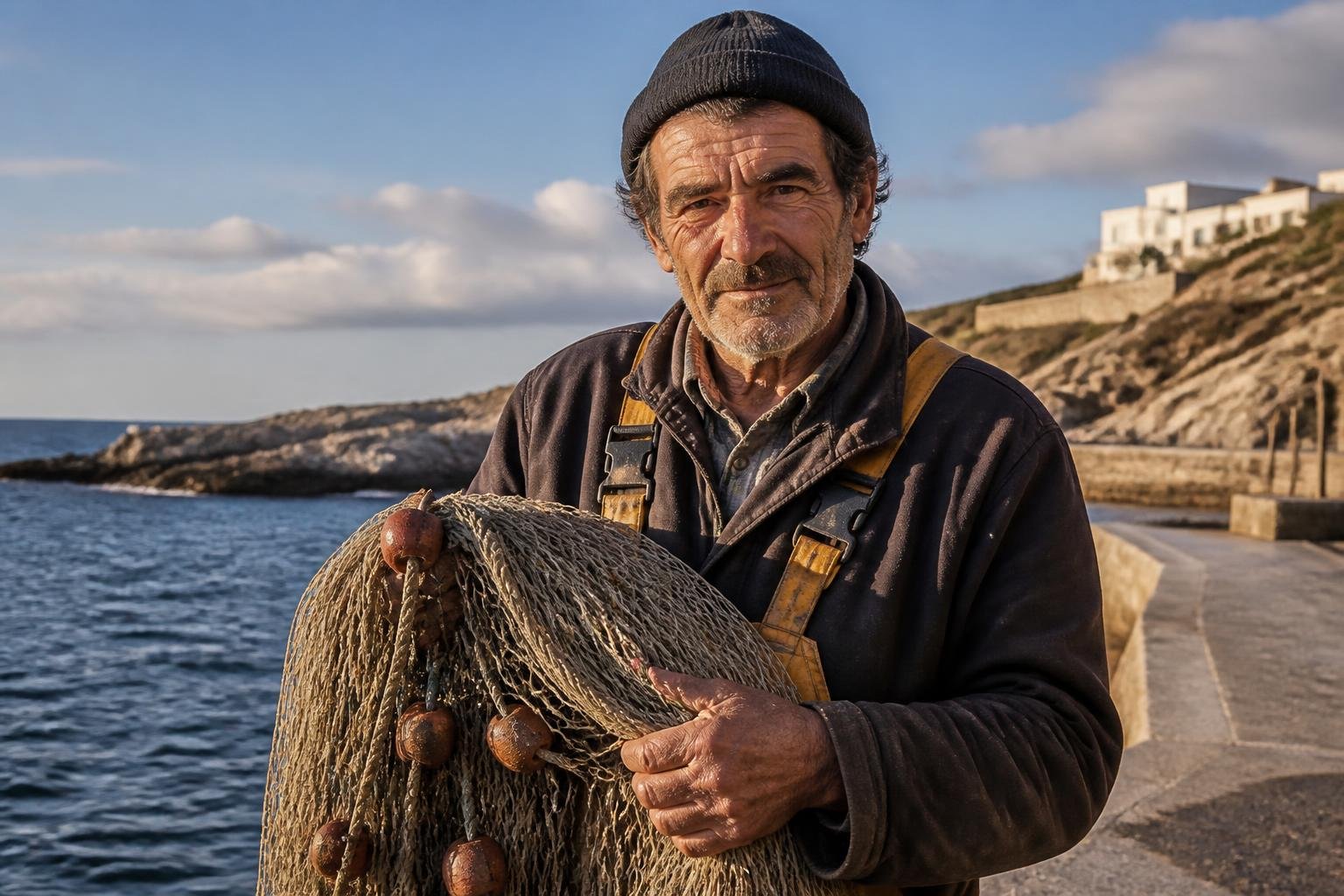 Portrait d'un pêcheur artisan face à la mer, incarnant l'engagement du terroir