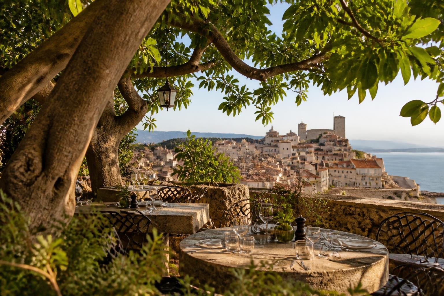 Patio ombragé de La Table du Fort à Antibes avec tables en pierre, figuiers centenaires et vue sur les toits du vieil Antibes