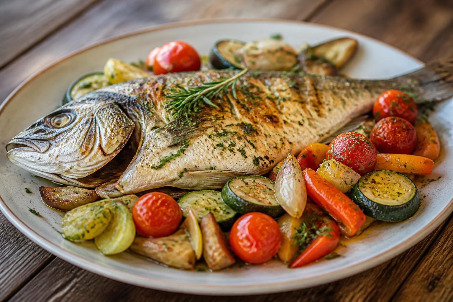 Assiette de poisson frais de la petite pêche locale garni de légumes du marché provençal, cuisine simple et généreuse